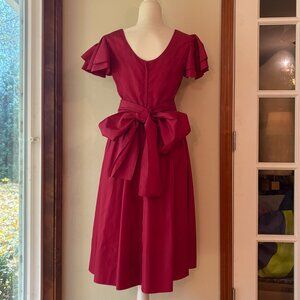 VTG 80s Handmade Red Midi Dress Flutter Sleeves Big Bow Scoop Back Fit Flare XS